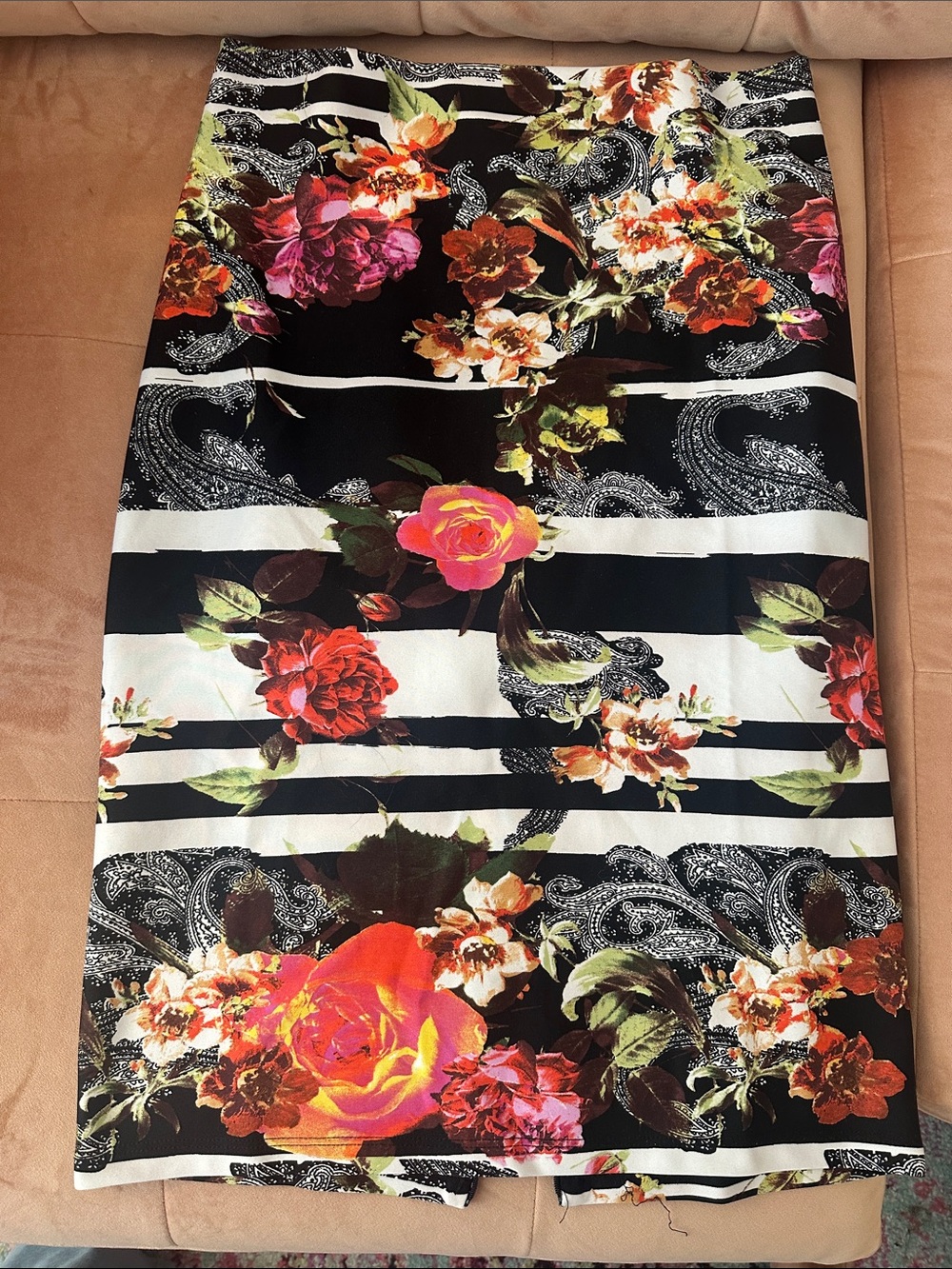Joseph Ribkoff Black and White Striped Pencil Skirt with Multicolor Floral Print